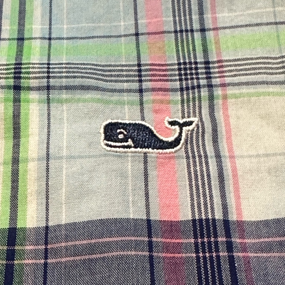 Vineyard Vines Plaid Whale Shirt Large Classic Fit Button Down Pink Navy Green - Picture 5 of 16